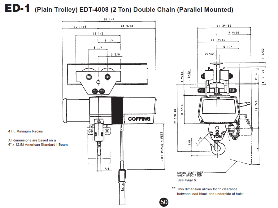 Technical drawing of the Coffing ED-1 (2 Ton) plain trolley double chain hoist, showing front and side views with detailed measurements and clearance specifications.