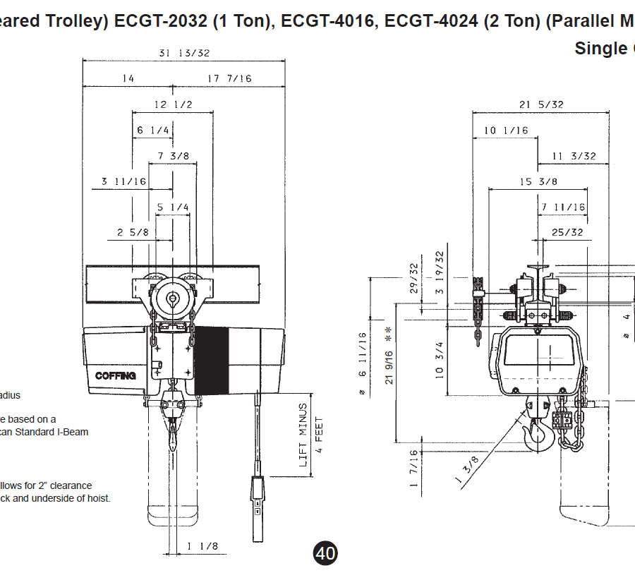 Technical diagram of Coffing EC-3 single chain hoist with detailed dimensions and specifications for ECGT-2032, ECGT-4016, and ECGT-4024 geared trolley models.