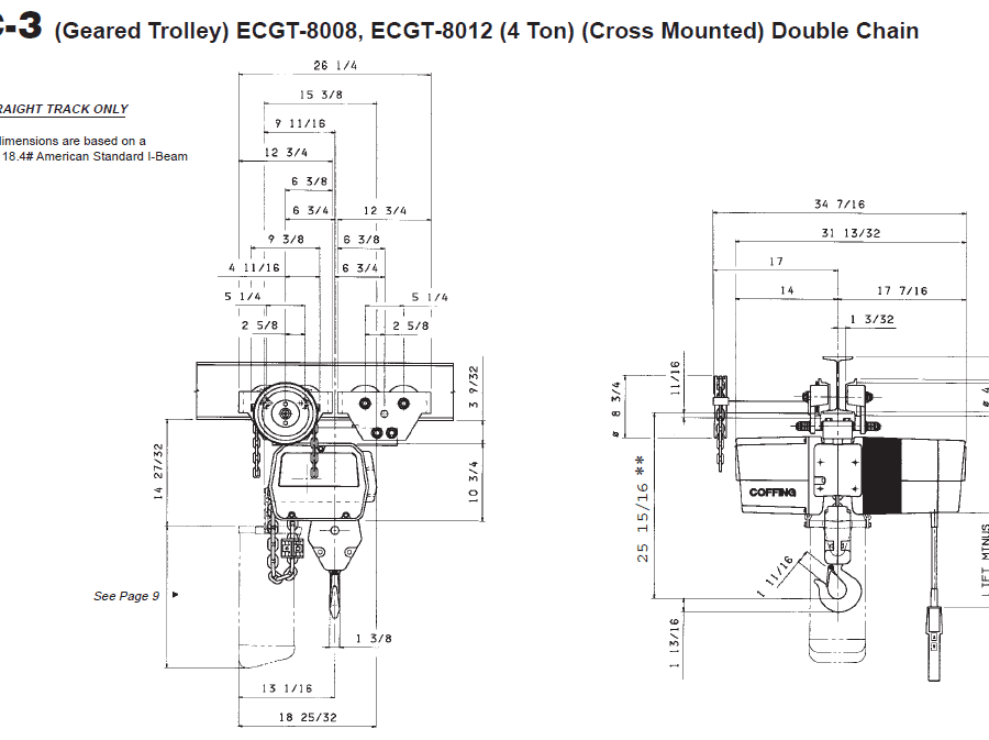 Technical drawing of Coffing EC-3 geared trolley hoist, model ECGT-8008 and ECGT-8012, showing front and side views with detailed measurements and dimensional specifications.