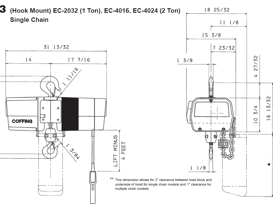 Technical diagram of a Coffing EC-3 hook mount electric chain hoist, showing side and front views with detailed measurements in inches for 1 and 2 ton models.