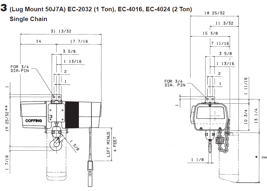 Technical diagram of a COFFING EC-3 single chain hoist, showing front and side views with detailed measurements and specifications for mounting and installation.