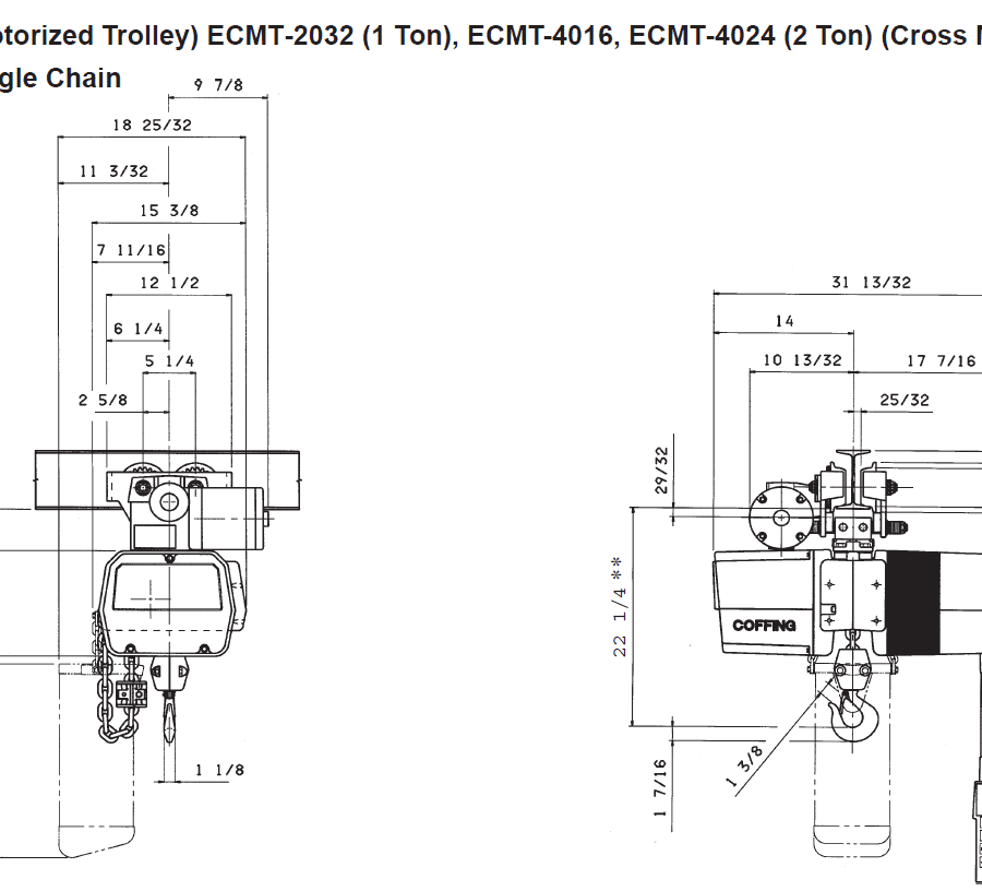 Technical diagram of a motorized trolley hoist, showing front and side views with detailed measurements for 1-ton and 2-ton single chain models.