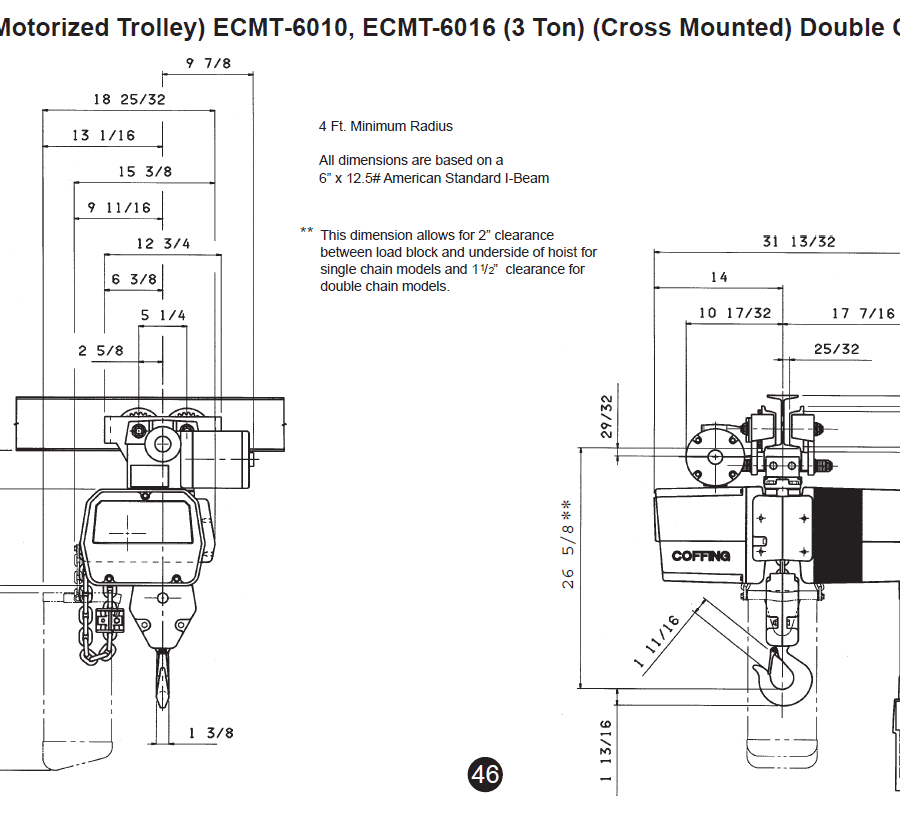 Technical drawing of a Coffing ECMT-6010/6016 3-ton motorized trolley hoist, showing front and side views with detailed dimensions and clearance notes.