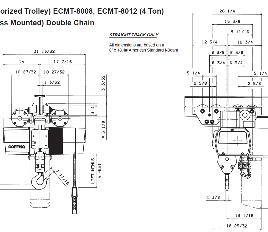 Technical diagram of a COFFING EC-3 motorized trolley hoist, showing front and side views with detailed measurements and labeled components.