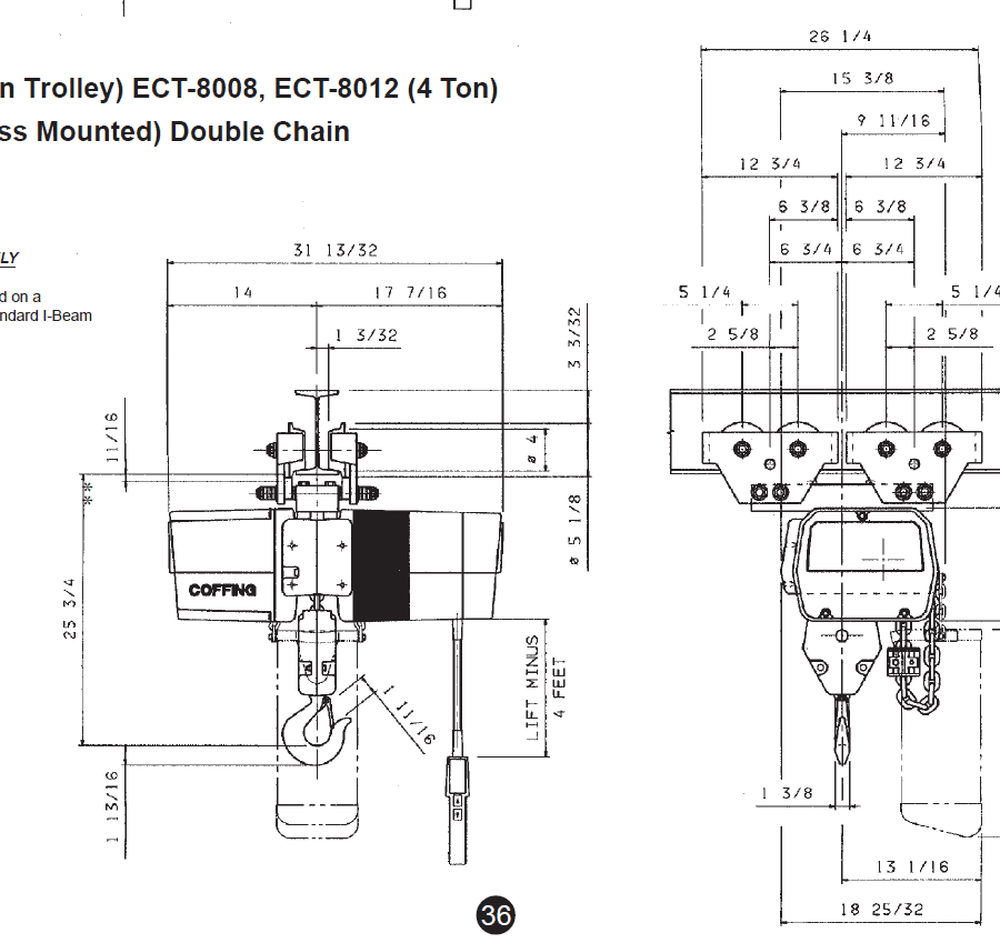 Technical diagram of a Coffing EC-3 plain trolley with double chain, showing front and side views with detailed measurements and specifications.