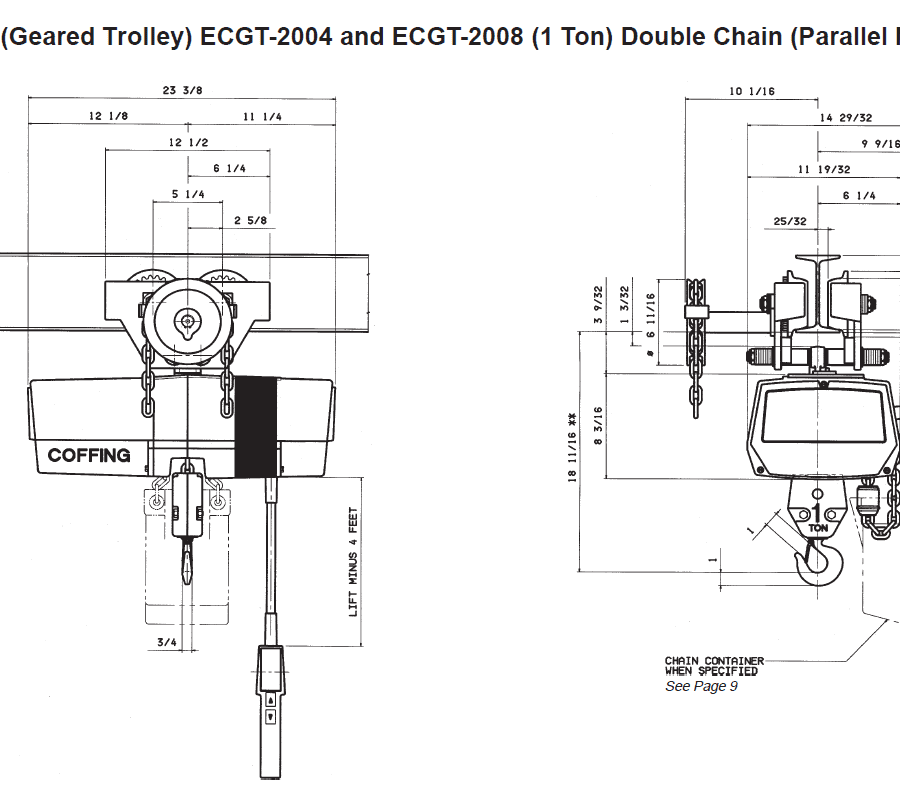 Technical drawing of a Coffing EC-1 electric chain hoist with dimensions for geared trolley models ECGT-2004 and ECGT-2008, showing front and side views.