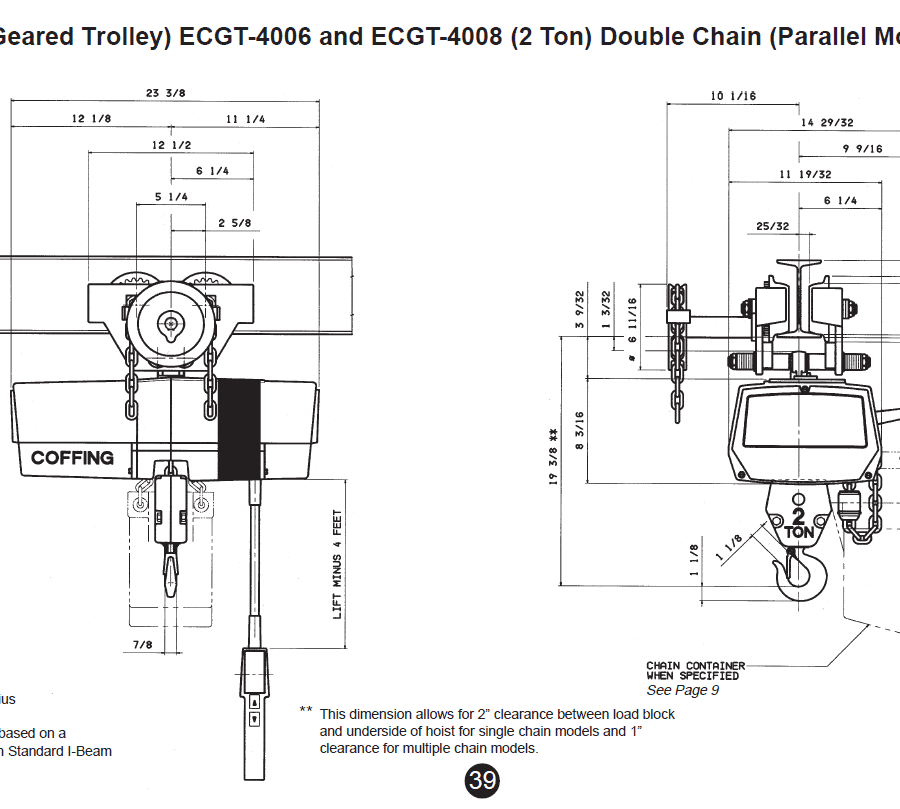 Technical diagram of the Coffing EC-1 geared trolley hoist, model ECGT-4006 and ECGT-4008, showing front and side views with detailed measurements and labeled components.
