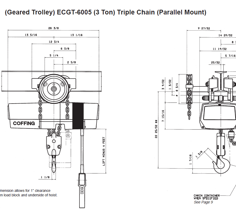 Technical drawing of a Coffing EC-1 ECGT-6005 3-ton triple chain geared trolley hoist, showing front and side views with detailed measurements and labeled components.