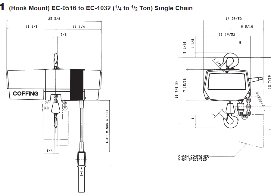 Technical diagram of a Coffing EC-1 electric chain hoist, showing front and side views with detailed dimensions and labeled components.
