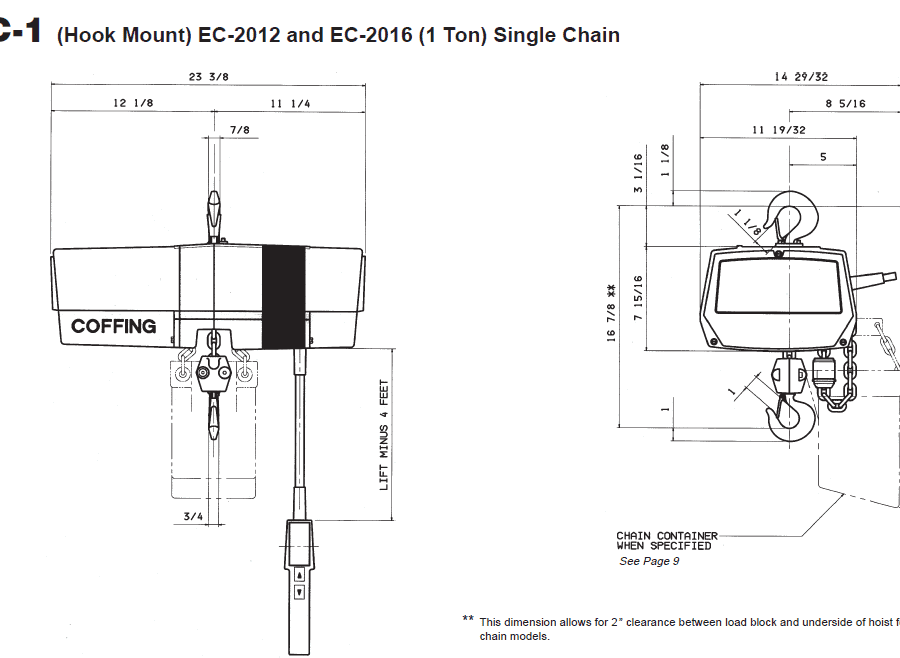 Technical diagram of a Coffing EC-1 (1 ton) single chain hoist, showing front and side views with detailed measurements and labeled components.