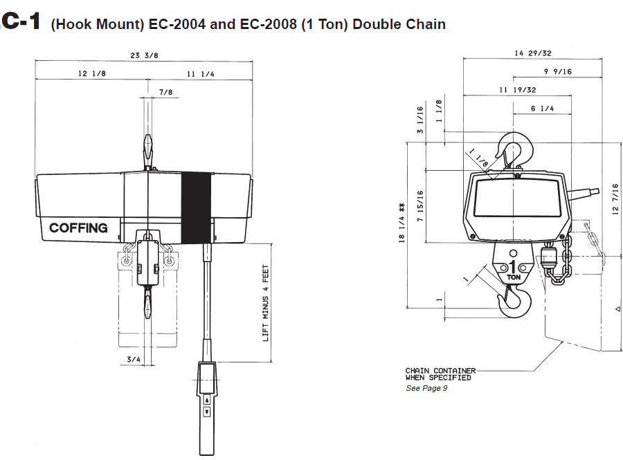 Technical diagram of a Coffing EC-2004 and EC-2008 (1 Ton) double chain hoist, showing side and front views with detailed measurements in inches and feet.