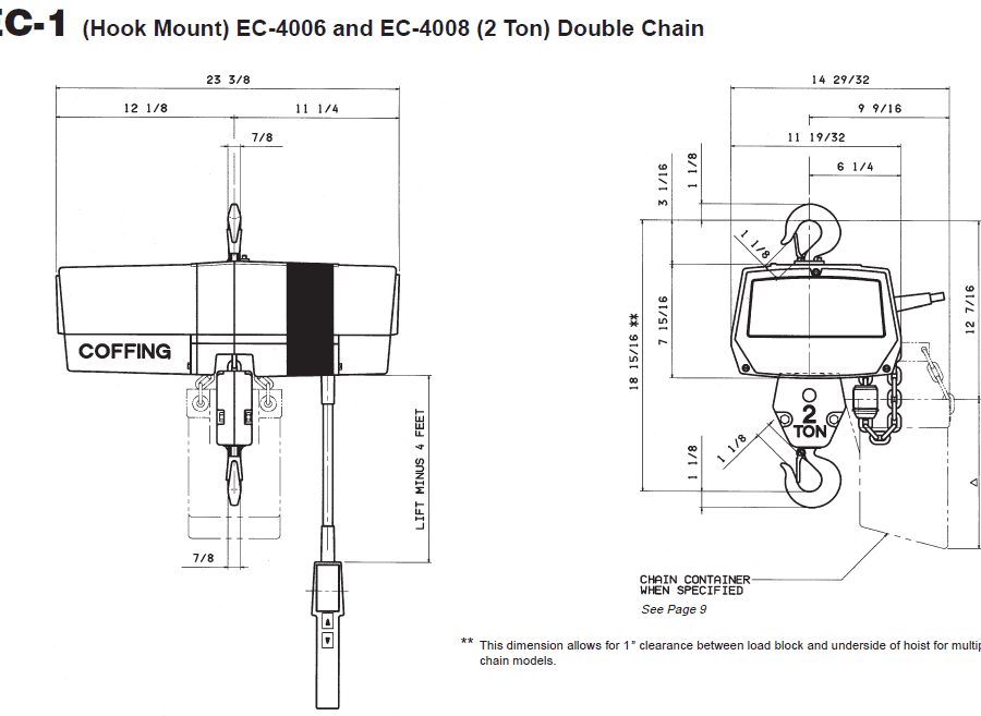 Technical diagram of a Coffing EC-4006 and EC-4008 2-ton double chain hoist, showing front and side views with detailed measurements and labeled features.