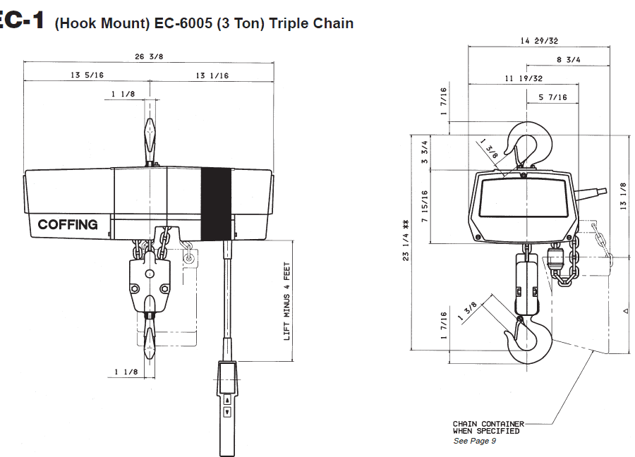 Technical drawing of a Coffing EC-6005 (3 Ton) triple chain hook mount hoist, showing front and side views with detailed measurements and labeling.