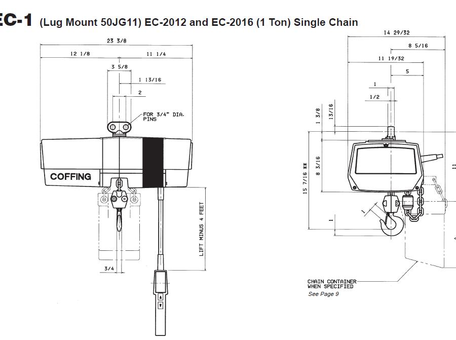 Technical diagram of a Coffing EC-1 lug mount chain hoist, showing front and side views with detailed measurements and labels for components.
