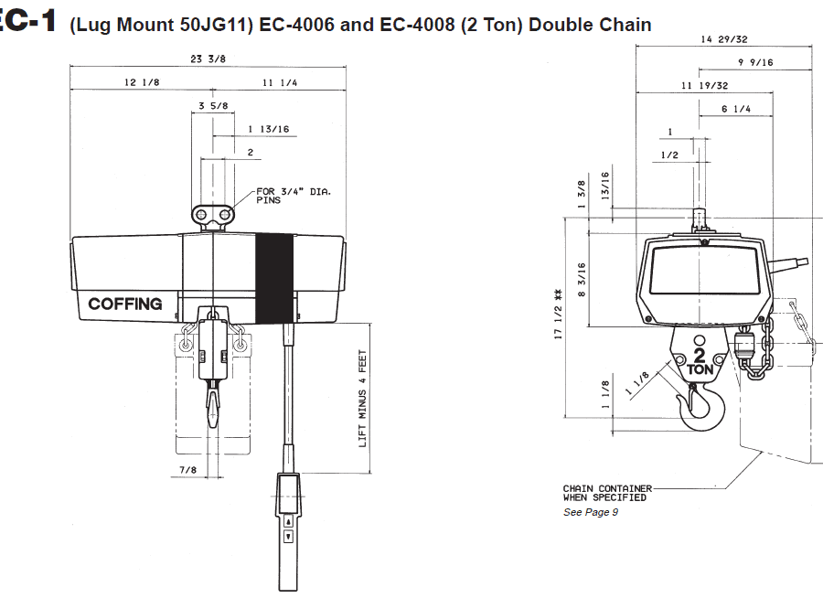 Technical diagram of a Coffing EC-1 double chain hoist showing front and side views with detailed measurements and labeled components.