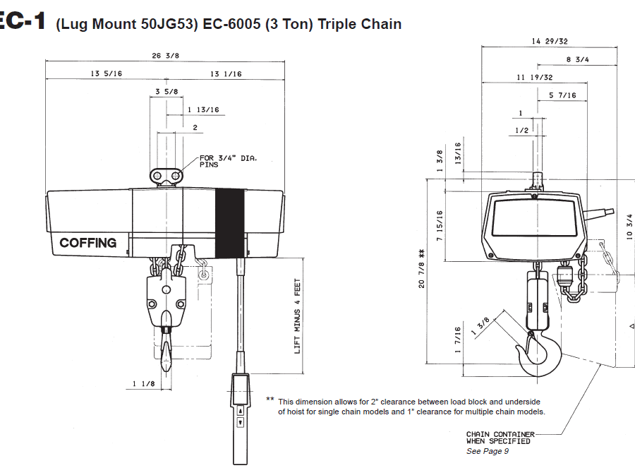 Technical drawing of a Coffing EC-6005 3-ton triple chain hoist, showing front and side views with detailed measurements and labeled parts.