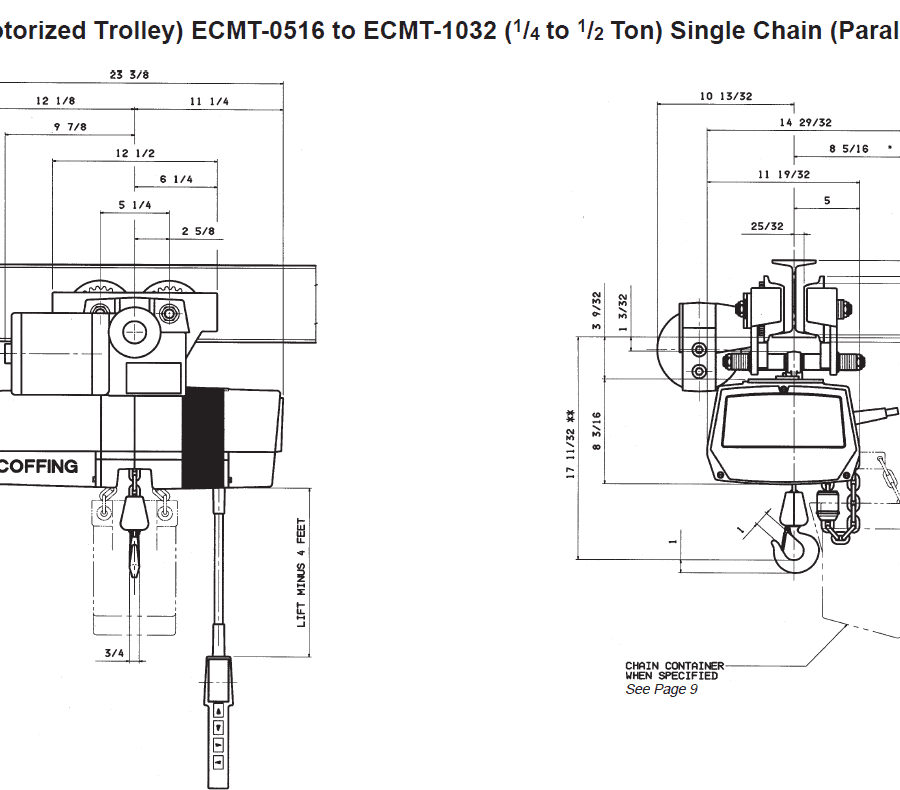 Technical diagram of a Coffing EC-1 motorized trolley hoist, showing front and side views with labeled dimensions and specifications for single chain, parallel mounted models.