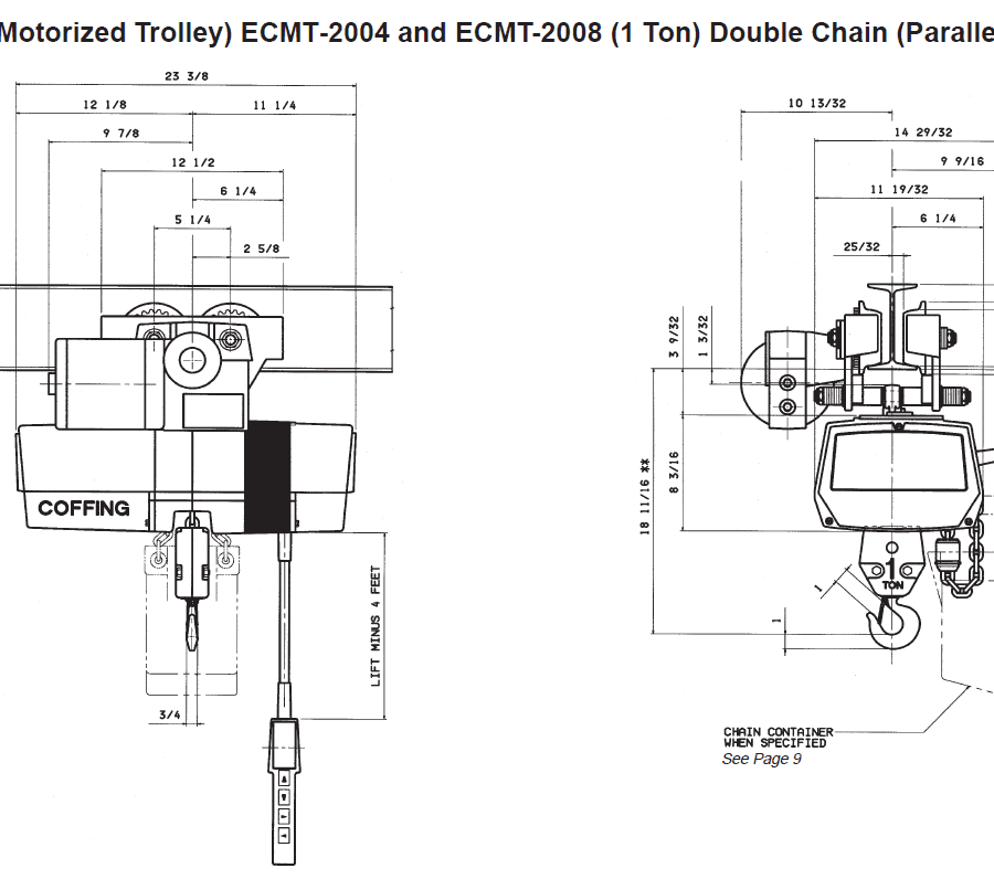 Technical diagram of the EC-1 motorized trolley and double chain hoist with labeled dimensions and side/front views, manufactured by Coffing.