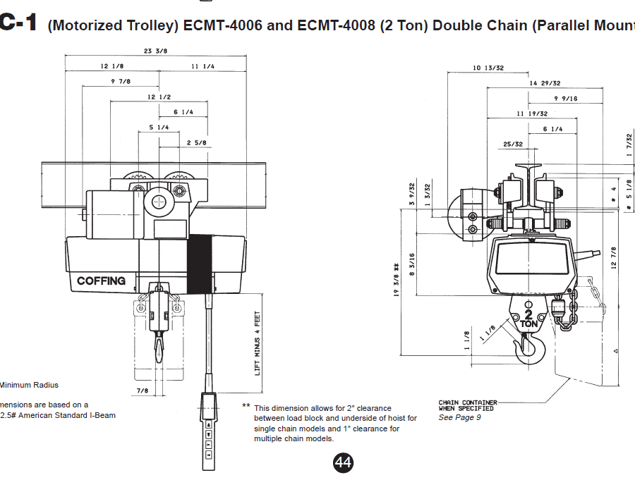 Technical diagram of the ECMT-4006 and ECMT-4008 double chain motorized trolley, showing front and side views with labeled dimensions and specifications.
