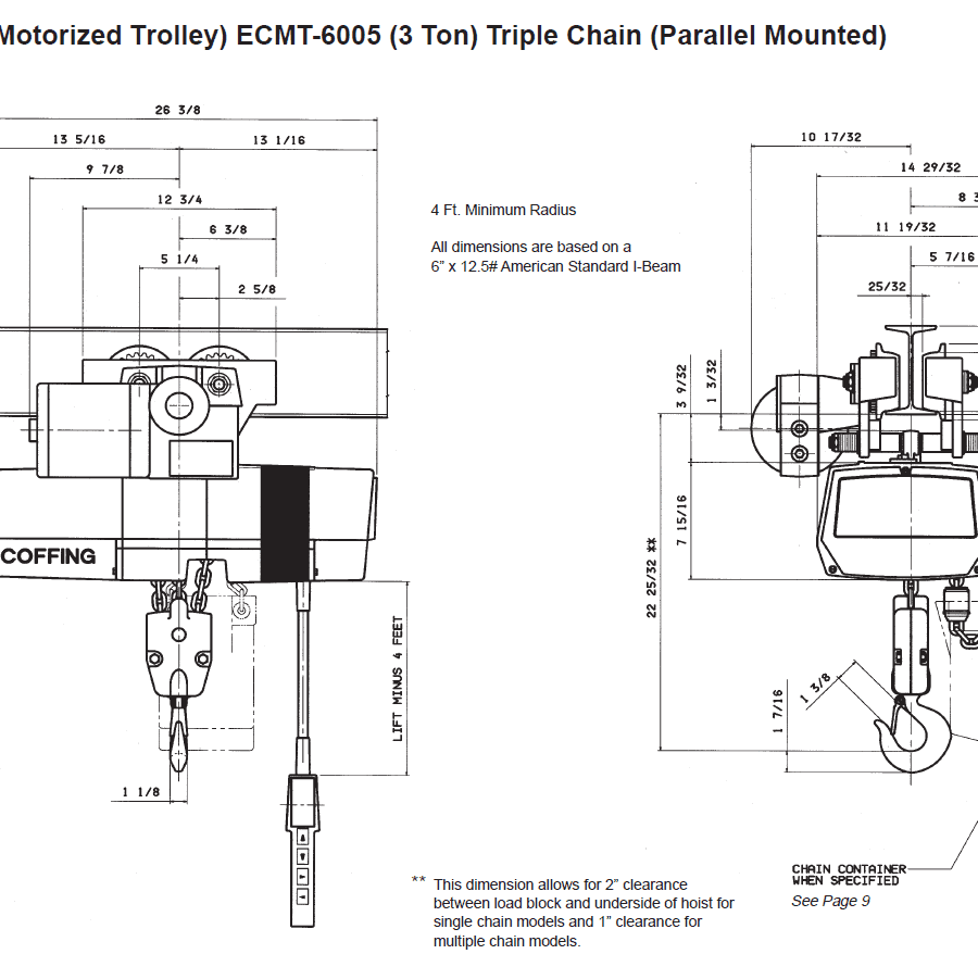 Technical diagram of a Coffing ECMT-6005 3-ton motorized trolley hoist with labeled dimensions and front and side elevation views.