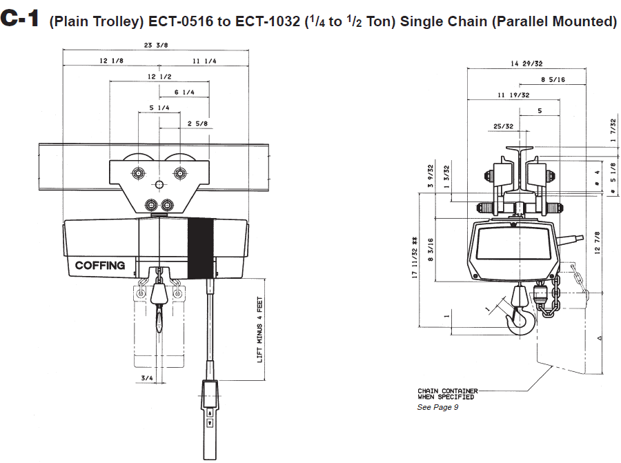Technical diagram of a Coffing EC-1 plain trolley single chain hoist, showing front and side views with detailed measurements and specifications.