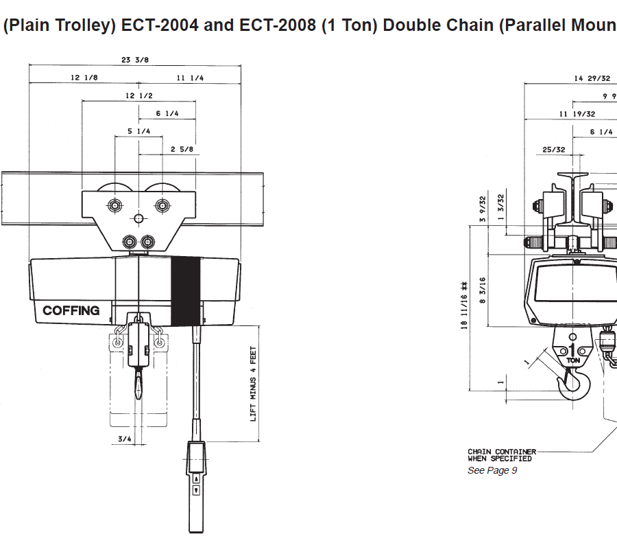 Technical diagrams showing front and side views with detailed measurements of the Coffing EC-1 plain trolley double chain hoist (1 ton) for parallel mount installation.