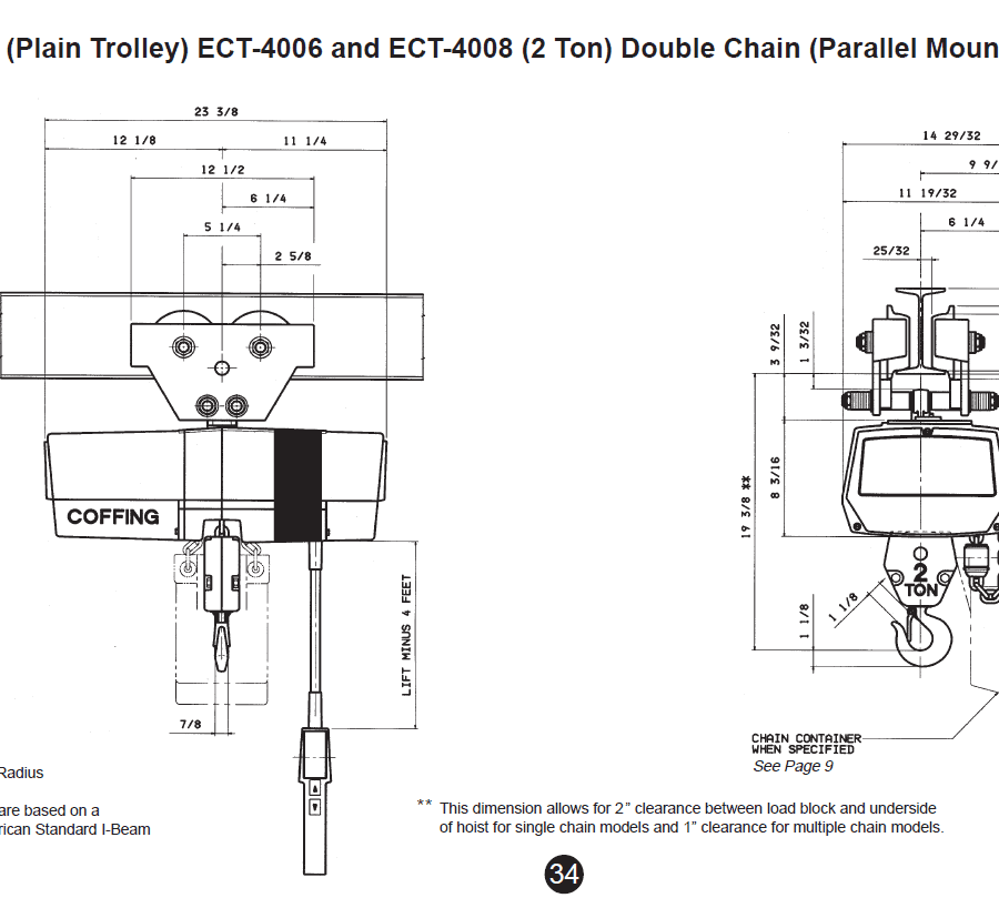 Technical diagram of a Coffing EC-1 plain trolley hoist, showing front and side views with dimensions and labeled components for the ECT-4006 and ECT-4008 models.