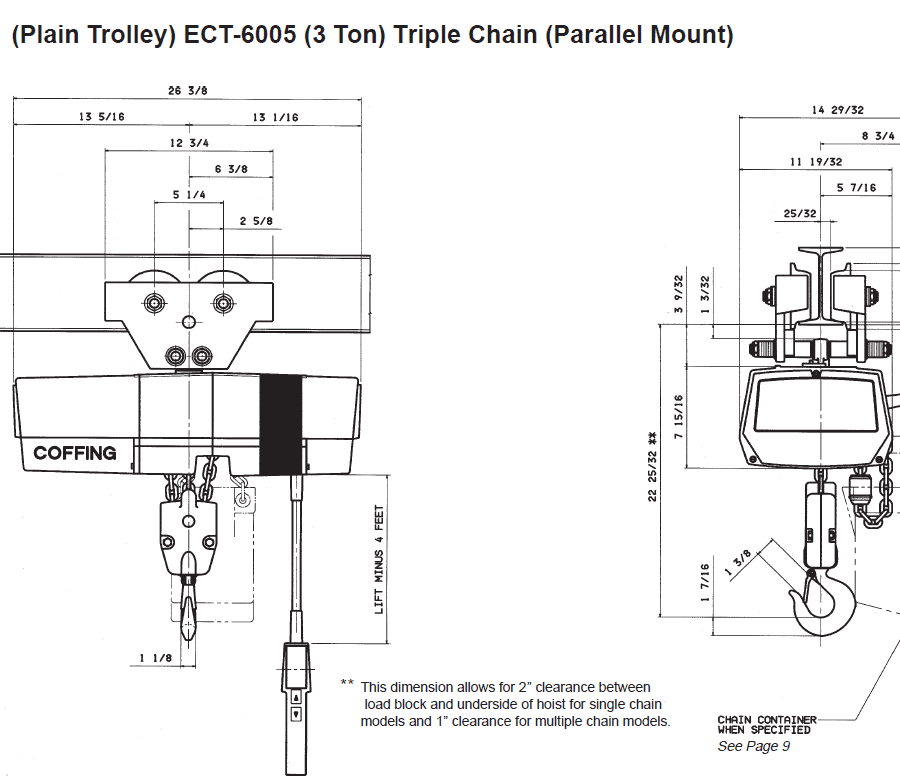 Technical drawing of a Coffing EC-1 ECT-6005 3-ton triple chain plain trolley hoist with labeled dimensions and parallel mount configuration.
